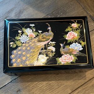 Vintage Japanese Black Music Jewelry Box with Peacock Design
